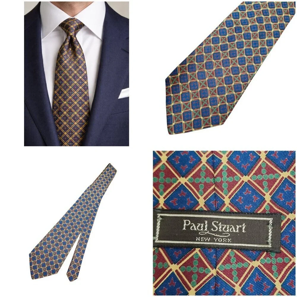Paul Stuart New York Silk Tie Imported from England Geometric Diamond Pattern